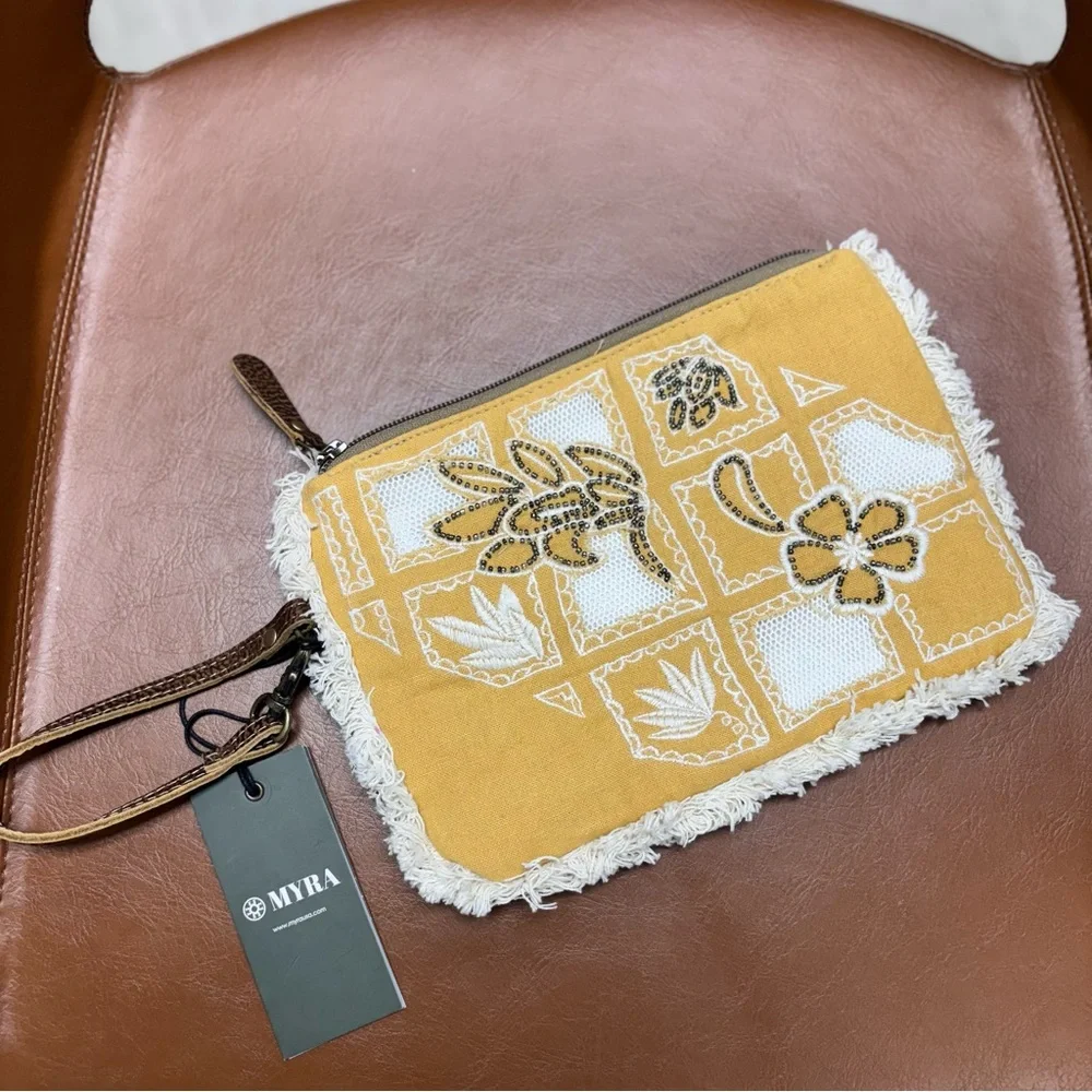 Myra Bag Amber Harvest Embroidered Pouch In Sunshine Tan Wristlet - Picture 2 of 7